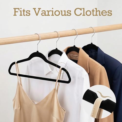 Image of HOUSE DAY Black Velvet Hangers 60 Pack, Non Slip Clothes Felt Hanger Heavy Duty for Coat, Premium Slim Space Saving Suit Hangers for Closet Organizer, 360 Rotating Silver Hook
