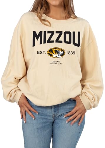 chicka-d Womens Oversized Original Corded Crew Fleece Sweatshirt NCAA Arch Over Icon Neutral Missouri Tigers Natural Small