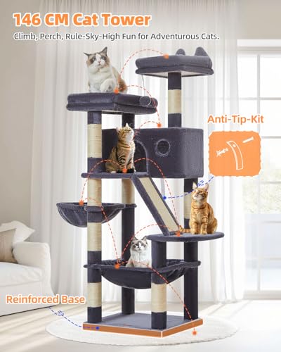 Image of Taoqimiao Cat Tree 57.5-Inch, Cat Tower for Indoor Cats Large Adult, Extra Large Cat Condo, 8 Sisal Scratching Posts, Metal Frame Cozy Hammock, Durable Scratch Board, 2 Top Perches, Smoky Gray MS026G