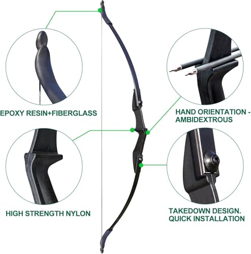 Recurve-Bogen-Set mit 8 Pfeilen, 30-40 lb Bogenschießen-Takedown-Bogen für Rechts- und Linkshänder, Anfänger bis Erwachsene (schwarz, Beidhändig, 30, Pfund)