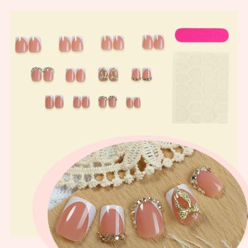 Image of Bow Press on Nails White Nail Press ons with Gold Rhinestone Design French Tip Glue on Nails Short Square Fake Nail Glossy Full Cover Artificial Acrylic Nude Stick on Nails for Women Manicure 24Pcs
