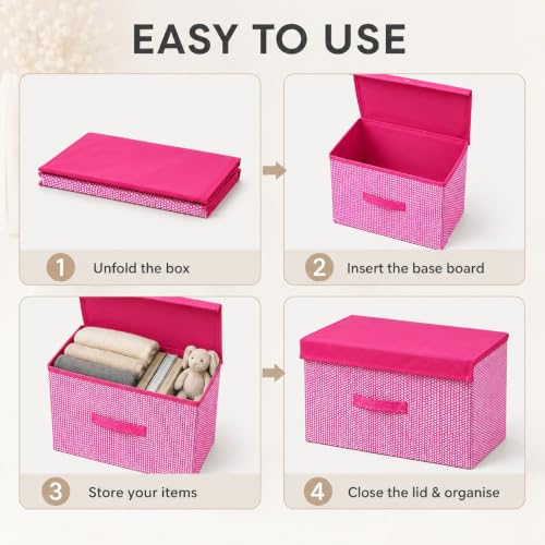 Image of VERVENIX Foldable Storage Box with Lid & Handle, Pack of 3 | Clothes Storage Organizer for Wardrobe | Non-Woven Storage Box for Clothes, Toys, Blankets & Linen | Foldable Home Organizer, Pink