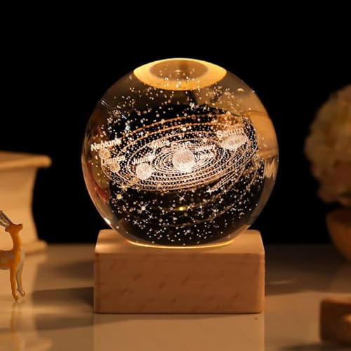 Zimuty 3D Crystal Ball 3D Planets Model with Wooden Led Base Solar System Space Galaxy Lamp Home Decorative Ornament Astronomy Gifts Night Light for Kids 60mm (Solar System)