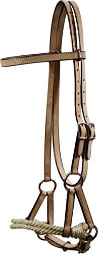 Showman Horse Leather Double Stitched Sidepull with Double Rope Nose. Color Choice (Medium Oil)