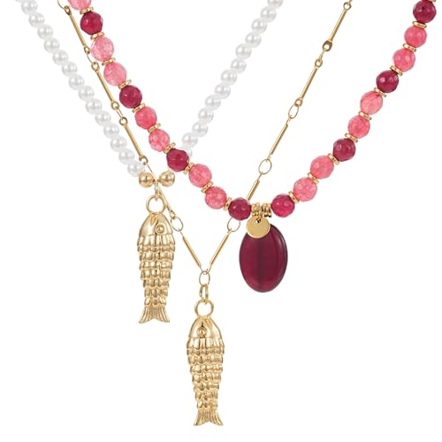 3Pcs Fish Charm Choker Necklace for Women, Delicate Beaded with Pearls Gold Plated Fish Pendant Necklace Minimalist Simple Cute Jewelry Gift