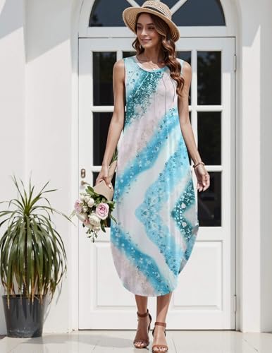Image of Zeagoo Women Floral Summer Casual Beach Printed Tank Dress with Pockets Pleated Front Long Dress