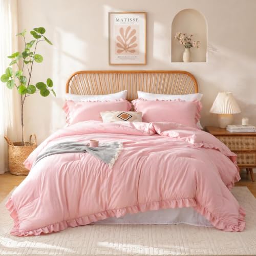 Image of JANZAA Baby Pink Comforter Set Twin - Soft Microfiber, Lightweight All Season Bedding, Ruffle Shabby Chic Aesthetic, Breathable Cozy Bed Set with 1 Pillow Shams, Machine Washable