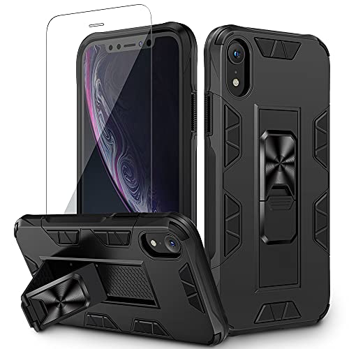 VEGO Compatible for iPhone XR Case, Built-in Hidden Kickstand Magnet Grip Military Grade Shockproof Protective Stand Case with Tempered Glass Screen Protector for iPhone XR 6.1 inch (2018) - Black