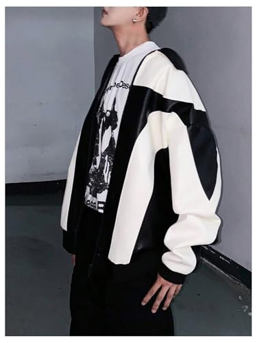 Men's Y2k PU Leather Jacket Color Block Motorcycle Coat Zip Up Long Sleeve Outerwear with Pockets Streetwear3