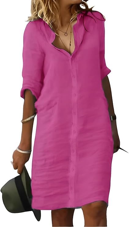 Fronage Women's Summer Midi Shirt Dresses Button Down 1/2 Sleeve Lapel Casual Cotton Linen Dress
