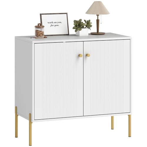 HOMCOM Aparador Moderno de 2 Puertas, Aparador de Salón con Estantes Ajustables, Encimera con Efecto Mármol, Patas de Acero, para Cocina, Entrada, Dormitorio, Blanco, 80x39,1x76 cm
