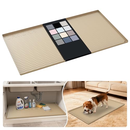 Image of URMONA Waterproof Silicone Under Sink Mat 40'' x 22'' Shelf Liner for Kitchen and Bathroom, Cabinet and Counter Protector, Storage and Organizers, Litter Mat, Pet Cat Puppy Essentials(Khaki)