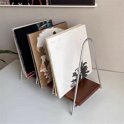 Portadiscos de vinilo de escritorio y estante expositor de madera con metal 6