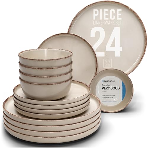 Image of Stoneware dinnerware set 8 persons Rustic 24 pcs - Rustic design dinnerware set, dishwasher safe - Bowl and plate set - Pure Living dinnerware in beige