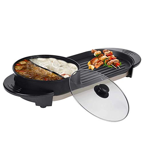 2 in 1 Elektro-Grill Grill Hot Pot für Innenräume 2200W Antihaft-Backform Separate rauchfreie Grillung mit doppelter Temperaturregelung M.