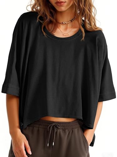 Tankaneo Womens Oversized T-Shirts Cropped Summer Casual Short Sleeve Loose Fit Tee Tops Black