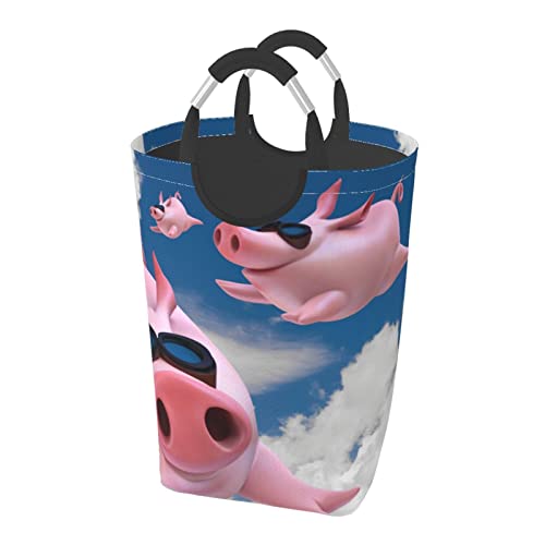 飛んでる面白い三匹の豚 ランドリーバスケット ランドリーかご 洗濯ボックス 収納ボックス 収納バッグ 袋 おしゃれなインテリア雑貨 防水取っ手付き 折りたたみ 大容量 幅32×高さ58(cm)