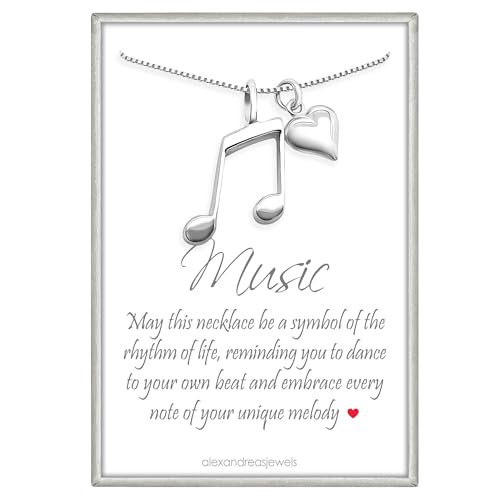 Music Note and Heart Necklace, Sterling Silver Melody Music Note Pendant and Puffed Heart Charm Necklace, Musician Music Lover Gift (18 inches)