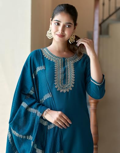 Image of SIRIL Women's Cotton Blend Embroidery Straight Kurta Pant with Dupatta Set