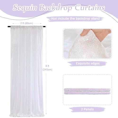 Image of Sequin Curtains 2 Pieces White Iridescent 2FTx8FT Sequin Backdrop Glitter Fabric Background for Christmas Party Decoration Brithday Party Wedding Decorations