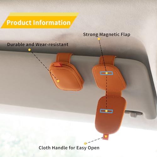 Image of Yuoyar 2 Packs Sunglasses Holders for Car Visor - Magnetic Leather Sunglasses Holder and Ticket Card Clip - Car Visor Accessories (Orange)