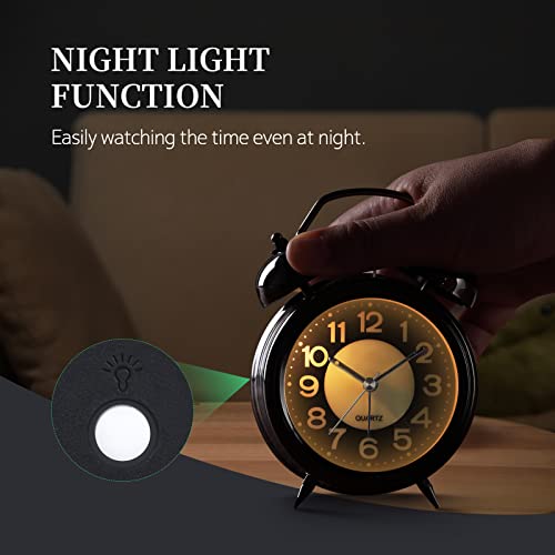 Analog Loud Alarm Clock With Backlight,Battery Operated,Silent Non Ticking,For Heavy Sleepers,Bedrooms,Bedside Table, 4Inches Twin Bell Extra Retro Decorative Desk Clocks. (Black(Noctilucent)) #TOP2