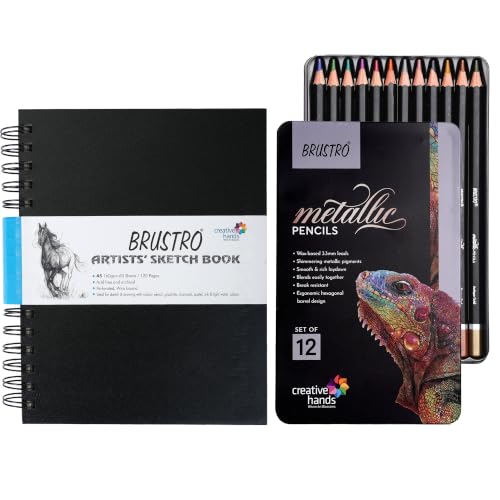 Image of BRUSTRO Artist Metallic Colour Pencil Set of 12 Shades, 3.3mm Lead with Wiro Bound Sketch Book, A5 (5.8x8.3 Inches), 120 Pages, 160 GSM | Ideal for Drawing, Sketching, Shading,Mandala Art