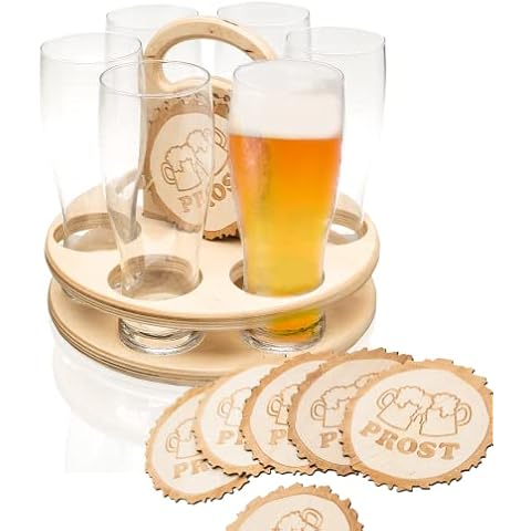 Smart Planet Weizenbierglas Set 6 Gläser + 6 Holz Bierdeckel - Weizenglas Bierträger - Geschenk zum Geburtstag/Vatertag - Holztablett mit Griff Cover