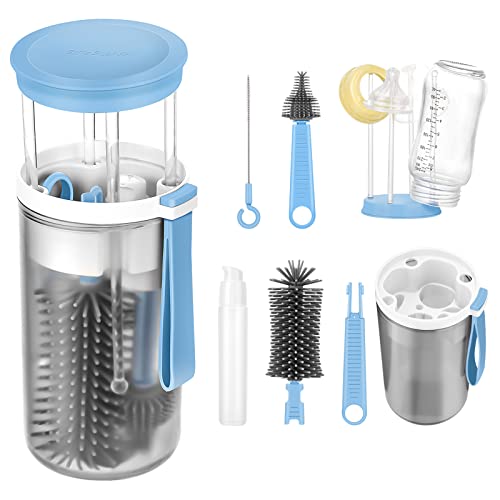 Image of welltop Travel Bottle Cleaner Kit, Portable Baby Bottle Brush Set with Silicone Bottle Cleaning Brush, Built-in Bottle Drying Rack, Nipple Brush, Straw Brush, Bottle Soap Dispenser for Travel Home