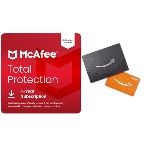McAfee Total Protection Unlimited Devices + $10 Amazon Gift Card | Security Software | Antivirus, Scam Protection, Secure VPN, Identity Monitoring | 1-Year Subscription with Auto-Renewal | Download