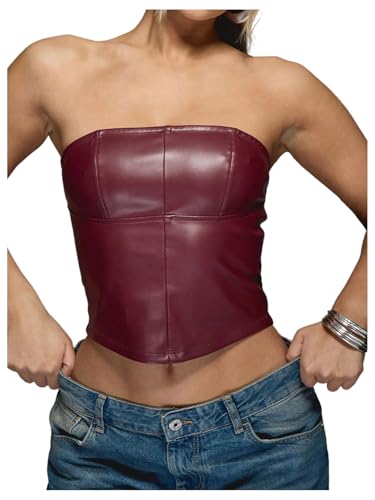 Verdusa Women's Leather Top Backless Tube Top Strapless Crop Corset Tops Going Out Outfits