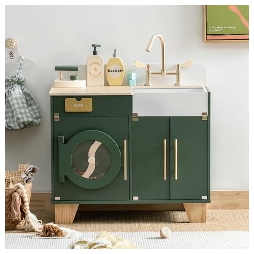 ROBOTIME Play Kitchen Set- Wooden Toy Washing Machine, Kids Washer and Dryer for Kids Kitchen Playset with Realist Sound/Iron, Pretend Play Kitchen for Toddlers (Vintage Green)