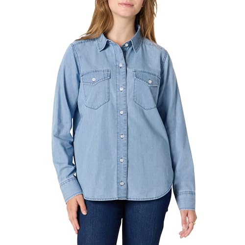 Amazon Essentials Women's Relaxed-Fit Denim Chambray Button-Down Long-Sleeve Shirt, Iced Blue Light Wash, Medium