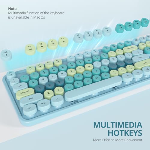 Image of Owpkeenthy Blue Keyboard and Mouse Wireless，Cute Typewriter Keyboard Wireless 2.4GHz Full-Size with Retro Round Keycaps for Desktop, Laptop and Computer(Coloful Blue)