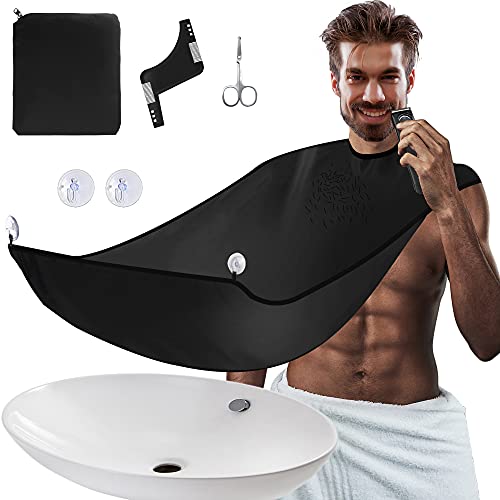 Beard Bib Apron Kit, Beard Hair Clippings Catcher for Men Shaving & Trimming, Non-Stick Waterproof Grooming Cape Apron with Adjustable Neck Straps, Best Gift for Men – Black