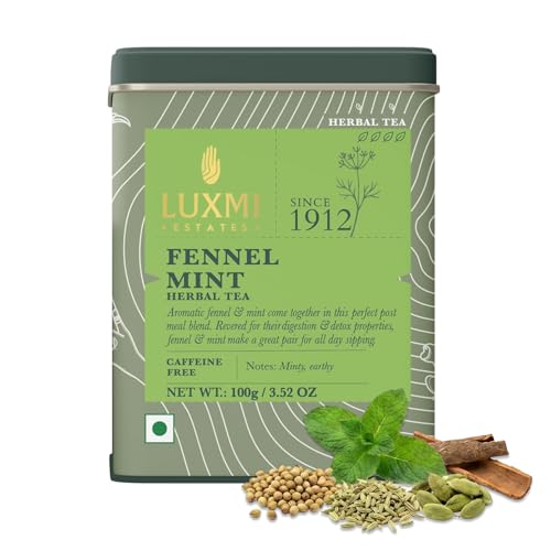 Image of Luxmi Estates Fennel Mint Herbal Tea | Loose Leaf in Resealable Tin Caddy 100g (3.5oz, ~50 Cups) | 5-Herb Ayurvedic Digestive Blend with Fennel, Peppermint, Coriander Seed, Cardamom & Cinnamon, Caffeine-Free