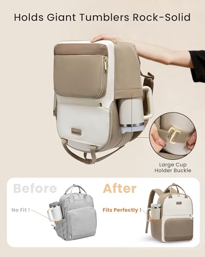 Image of LOVEVOOK Laptop Backpack for Women with Giant Tumbler Holder Pocket, 15.6 inch Travel Work Backpack Purse for Teacher Nurse, Waterproof College Book Bag Casual Daypack, Beige-Khaki
