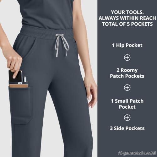 Image of Women's 7-Pocket Scrub Pants - Straight Leg, Mid-Rise, Drawstring | Soft stretch knit Mid-rise drawstring Side slits Wrinkle-resistant Machine washable For nurses /doctors /vets