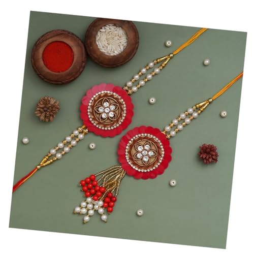 Image of eCraftIndia Pearls Designer Bhaiya Bhabhi Rakhi Set with Roli Chawal Pack | Rakhis for Brother Bhaiya Bhai
