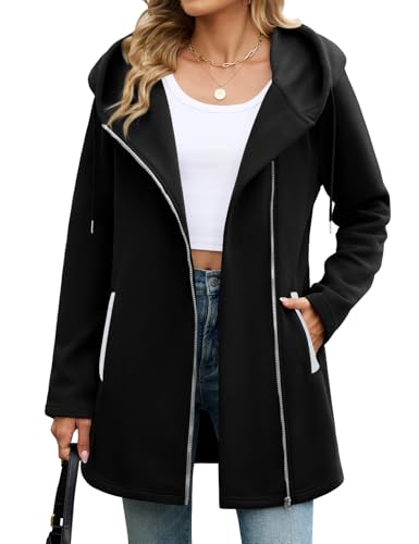 Vancavoo Fleecejacke Damen Sweatjacke mit Kapuze Übergangsjacke Hoodie Jacke Elegant Kapuzenpullover Frühling Herbst Lang Kapuzenjacke mit Taschen,Schwarz,M