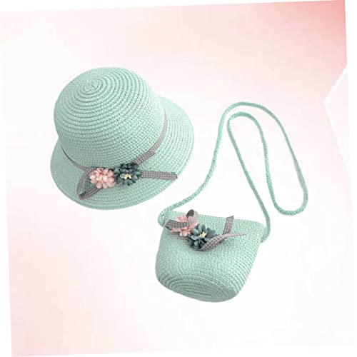 Beaupretty Adorable Girls Straw Hat Boys and Girls Straw Cap Beach Set Bag Sunscreen Set Green3