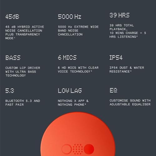 Image of CMF BY NOTHING Buds Pro TWS Earbuds, 45 dB Hybrid ANC, 10 mm Drivers, Ultra Bass, 39 Hrs Playtime, IP54, Bluetooth 5.3, Fast Charging, Clear Calls with 6 Mics, Low Latency Mode for Gaming (Orange)