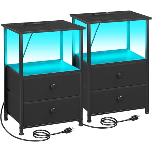 LOAKEKEL Night Stand Set 2, LED Nightstand with Charging Station, End Tables with Storage Shelf, Bed...