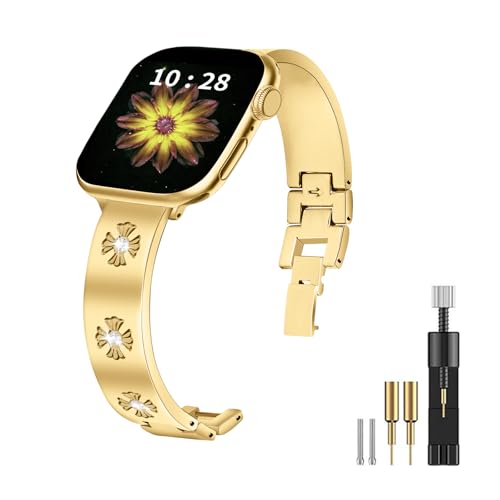 JOYOZY Metal Band Compatible with Apple Watch Band 38mm 40mm 41mm 42mm 44mm 45mm 49mm Fancy Luxury Strap with Sparkle Diamond, Dressy iWatch Bracelet, Cute Daisy Band for Women
