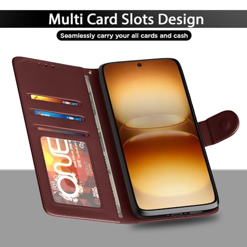 Image of Amazon Basics Flip Cover for iQOO 15R 5G Leather Finish | Wallet Stand and Shock Proof | Inside TPU with Card Pockets | Complete Protection Flip Case (Brown)