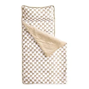 Wake In Cloud – Toddler Nap Mat with Pillow and Minky Fleece Blanket, for Kids Boys Girls Ages 3 Plus in Daycare Preschool, Roll Up Sleeping Bag, Gingham Grid Checkered, Brown White, Standard