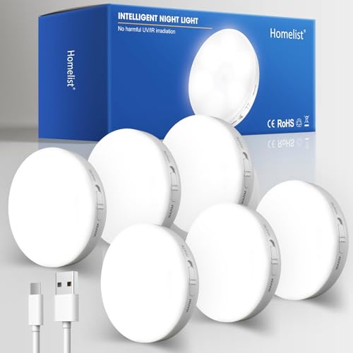 Homelist Luces Sensor de Movimiento Interior, 6 Pack Luz Nocturna LED Recargable por USB, Luz Nocturna Sensor Movimiento Sin Cable para Pasillo, Escaleras, Gabinete, Armarios