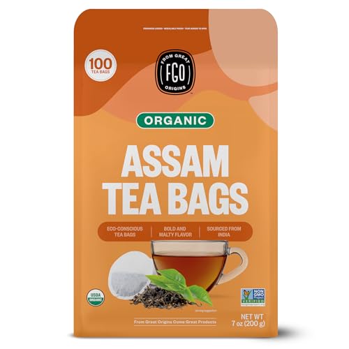 FGO Organic Assam Tea, 100 Count, Eco-Conscious Black Tea Bags, Resealable Bag, Packaging May Vary (Pack of 1)