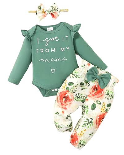 Image of OLLUISNEO Baby Girl Clothes Newborn Infant Fall Outfit Romper Winter Floral Pant Set Headband 3 Pcs Clothes for Girl