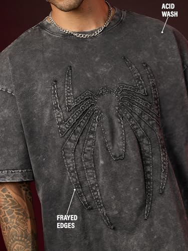 Image of The Souled Store Official Marvel: Spider x Venom Oversized T-Shirt for Men Boys Cotton Casual Half Sleeves Baggy Loose Fit Drop Shoulder Round Neck Black